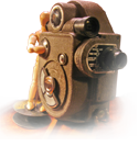 Artist Manikin with antique movie camera.